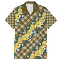 Polynesian Monstera Tiare Floral Family Matching Short Sleeve Bodycon Dress and Hawaiian Shirt Yellow Tropical Plaid - Polynesian Pride