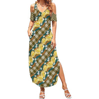 Polynesian Monstera Tiare Floral Family Matching Summer Maxi Dress and Hawaiian Shirt Yellow Tropical Plaid - Polynesian Pride