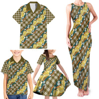 Polynesian Monstera Tiare Floral Family Matching Tank Maxi Dress and Hawaiian Shirt Yellow Tropical Plaid - Polynesian Pride