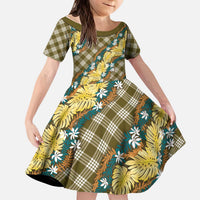 Polynesian Monstera Tiare Floral Kid Short Sleeve Dress Yellow Tropical Plaid LT01 KID Yellow - Polynesian Pride