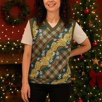 Polynesian Monstera Tiare Floral Christmas Knitted V-Neck Vest Yellow Tropical Plaid LT01 - Polynesian Pride