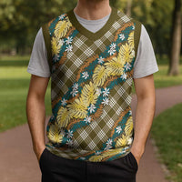 Polynesian Monstera Tiare Floral Christmas Knitted V-Neck Vest Yellow Tropical Plaid LT01 - Polynesian Pride