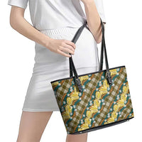 Polynesian Monstera Tiare Floral Leather Tote Bag Yellow Tropical Plaid - Polynesian Pride