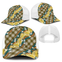 Polynesian Monstera Tiare Floral Mesh Trucker Cap Yellow Tropical Plaid - Polynesian Pride