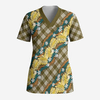 Polynesian Monstera Tiare Floral Scrub Top Yellow Tropical Plaid LT01 Adult Yellow - Polynesian Pride