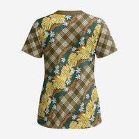 Polynesian Monstera Tiare Floral Scrub Top Yellow Tropical Plaid LT01 - Polynesian Pride