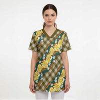 Polynesian Monstera Tiare Floral Scrub Top Yellow Tropical Plaid LT01 - Polynesian Pride