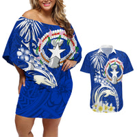 Northern Mariana Islands Commonwealth Day 2024 Couples Matching Off Shoulder Short Dress and Hawaiian Shirt Dolphin With Plumeria Flower LT01 Blue - Polynesian Pride