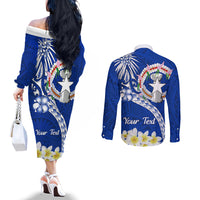 Northern Mariana Islands Commonwealth Day 2024 Couples Matching Off The Shoulder Long Sleeve Dress and Long Sleeve Button Shirt Dolphin With Plumeria Flower LT01 - Polynesian Pride