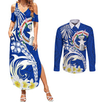 Northern Mariana Islands Commonwealth Day 2024 Couples Matching Summer Maxi Dress and Long Sleeve Button Shirt Dolphin With Plumeria Flower LT01 Blue - Polynesian Pride