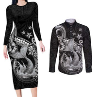 Hawaii Mermaid Monotone Couples Matching Long Sleeve Bodycon Dress and Long Sleeve Button Shirt Polynesian Pattern Fish Hook LT01 Black - Polynesian Pride