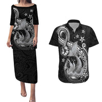 Hawaii Mermaid Monotone Couples Matching Puletasi and Hawaiian Shirt Polynesian Pattern Fish Hook LT01 Black - Polynesian Pride