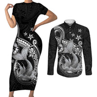 Hawaii Mermaid Monotone Couples Matching Short Sleeve Bodycon Dress and Long Sleeve Button Shirt Polynesian Pattern Fish Hook LT01 Black - Polynesian Pride