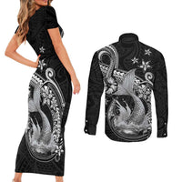 Hawaii Mermaid Monotone Couples Matching Short Sleeve Bodycon Dress and Long Sleeve Button Shirt Polynesian Pattern Fish Hook LT01 - Polynesian Pride