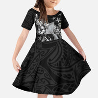 Hawaii Mermaid Monotone Kid Short Sleeve Dress Polynesian Pattern Fish Hook LT01 KID Black - Polynesian Pride