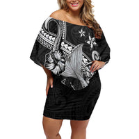 Hawaii Mermaid Monotone Off Shoulder Short Dress Polynesian Pattern Fish Hook LT01 Women Black - Polynesian Pride