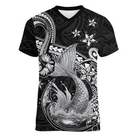 Hawaii Mermaid Monotone Women V-Neck T-Shirt Polynesian Pattern Fish Hook LT01 Female Black - Polynesian Pride
