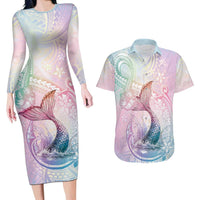Hawaii Mermaid Sweet Pastel Couples Matching Long Sleeve Bodycon Dress and Hawaiian Shirt Polynesian Pattern Fish Hook LT01 Multicolor - Polynesian Pride