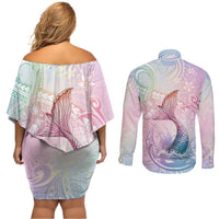 Hawaii Mermaid Sweet Pastel Couples Matching Off Shoulder Short Dress and Long Sleeve Button Shirt Polynesian Pattern Fish Hook LT01 - Polynesian Pride