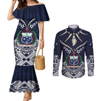 Samoa Independence Day Couples Matching Mermaid Dress and Long Sleeve Button Shirt Ula Nifo Mix Turtle LT01 Blue - Polynesian Pride