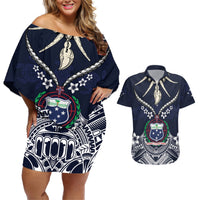 Samoa Independence Day Couples Matching Off Shoulder Short Dress and Hawaiian Shirt Ula Nifo Mix Turtle LT01 Blue - Polynesian Pride