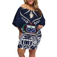 Samoa Independence Day Off Shoulder Short Dress Ula Nifo Mix Turtle LT01 Women Blue - Polynesian Pride
