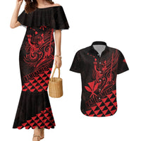 Personalized King Kamehameha Day Couples Matching Mermaid Dress and Hawaiian Shirt Kakau Polynesian Pattern LT01 Red - Polynesian Pride