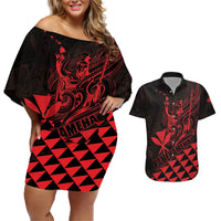 Personalized King Kamehameha Day Couples Matching Off Shoulder Short Dress and Hawaiian Shirt Kakau Polynesian Pattern LT01 Red - Polynesian Pride