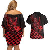 Personalized King Kamehameha Day Couples Matching Off Shoulder Short Dress and Hawaiian Shirt Kakau Polynesian Pattern