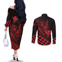 Personalized King Kamehameha Day Couples Matching Off The Shoulder Long Sleeve Dress and Long Sleeve Button Shirt Kakau Polynesian Pattern LT01 - Polynesian Pride