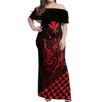 Personalized King Kamehameha Day Off Shoulder Maxi Dress Kakau Polynesian Pattern LT01 Women Red - Polynesian Pride