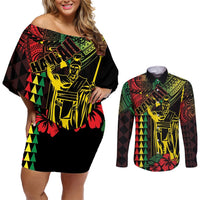 King Kamehameha Day Couples Matching Off Shoulder Short Dress and Long Sleeve Button Shirt Hawaii Kakau Reggae LT01 Black - Polynesian Pride