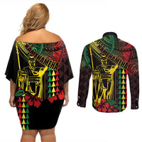 King Kamehameha Day Couples Matching Off Shoulder Short Dress and Long Sleeve Button Shirt Hawaii Kakau Reggae LT01 - Polynesian Pride