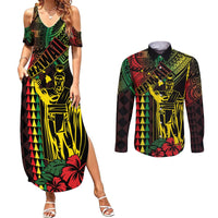 King Kamehameha Day Couples Matching Summer Maxi Dress and Long Sleeve Button Shirt Hawaii Kakau Reggae LT01 Black - Polynesian Pride