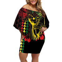 King Kamehameha Day Off Shoulder Short Dress Hawaii Kakau Reggae LT01 Women Black - Polynesian Pride