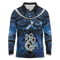 Personalized Maori Matariki Manaia Long Sleeve Polo Shirt Maori Kowhaiwhai Pattern Galaxy LT01 Blue - Polynesian Pride