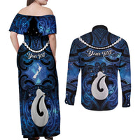 Personalized Maori Matariki Hei Matau Couples Matching Off Shoulder Maxi Dress and Long Sleeve Button Shirt Maori Kowhaiwhai Pattern Galaxy LT01 - Polynesian Pride