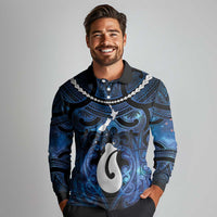 Personalized Maori Matariki Hei Matau Long Sleeve Polo Shirt Maori Kowhaiwhai Pattern Galaxy LT01 - Polynesian Pride