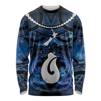 Personalized Maori Matariki Hei Matau Long Sleeve Shirt Maori Kowhaiwhai Pattern Galaxy LT01 Unisex Blue - Polynesian Pride