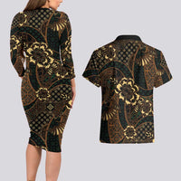 Indonesian Batik Pattern Vintage Brown Couples Matching Long Sleeve Bodycon Dress and Hawaiian Shirt LT01 - Polynesian Pride