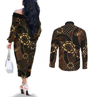 Indonesian Batik Pattern Vintage Brown Couples Matching Off The Shoulder Long Sleeve Dress and Long Sleeve Button Shirt LT01 - Polynesian Pride
