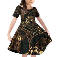 Indonesian Batik Pattern Vintage Brown Family Matching Off Shoulder Short Dress and Hawaiian Shirt LT01 Daughter's Dress Brown - Polynesian Pride
