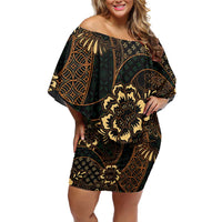 Indonesian Batik Pattern Vintage Brown Family Matching Off Shoulder Short Dress and Hawaiian Shirt LT01 Mom's Dress Brown - Polynesian Pride