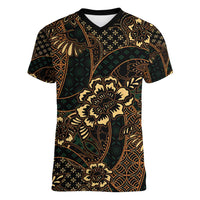 Indonesian Batik Pattern Vintage Brown Women V-Neck T-Shirt