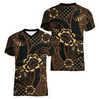 Indonesian Batik Pattern Vintage Brown Women V-Neck T-Shirt