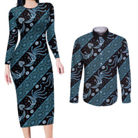 Indonesia Batik Pattern Couples Matching Long Sleeve Bodycon Dress and Long Sleeve Button Shirt Blue Version LT01 Blue - Polynesian Pride