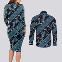 Indonesia Batik Pattern Couples Matching Long Sleeve Bodycon Dress and Long Sleeve Button Shirt Blue Version LT01 - Polynesian Pride
