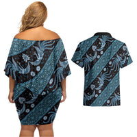 Indonesia Batik Pattern Couples Matching Off Shoulder Short Dress and Hawaiian Shirt Blue Version LT01 - Polynesian Pride