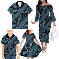 Indonesia Batik Pattern Family Matching Off The Shoulder Long Sleeve Dress and Hawaiian Shirt Blue Version LT01 - Polynesian Pride
