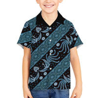 Indonesia Batik Pattern Family Matching Off The Shoulder Long Sleeve Dress and Hawaiian Shirt Blue Version LT01 Son's Shirt Blue - Polynesian Pride